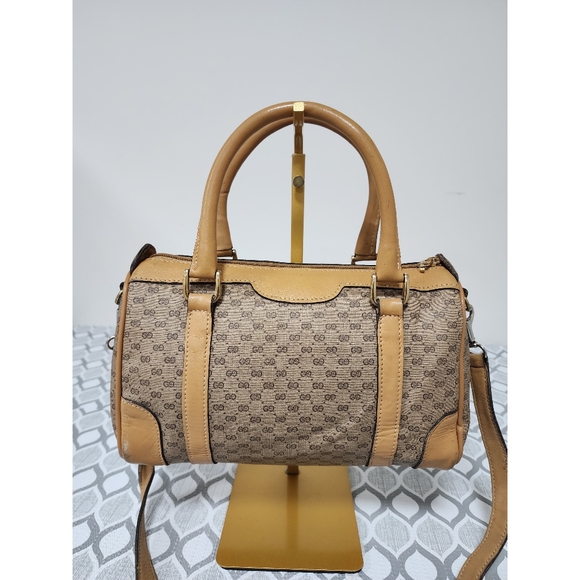 GUCCI Vintage Canvas Leather Boston GG Monogram Satchel Bag Brown/Beige - Picture 3 of 13